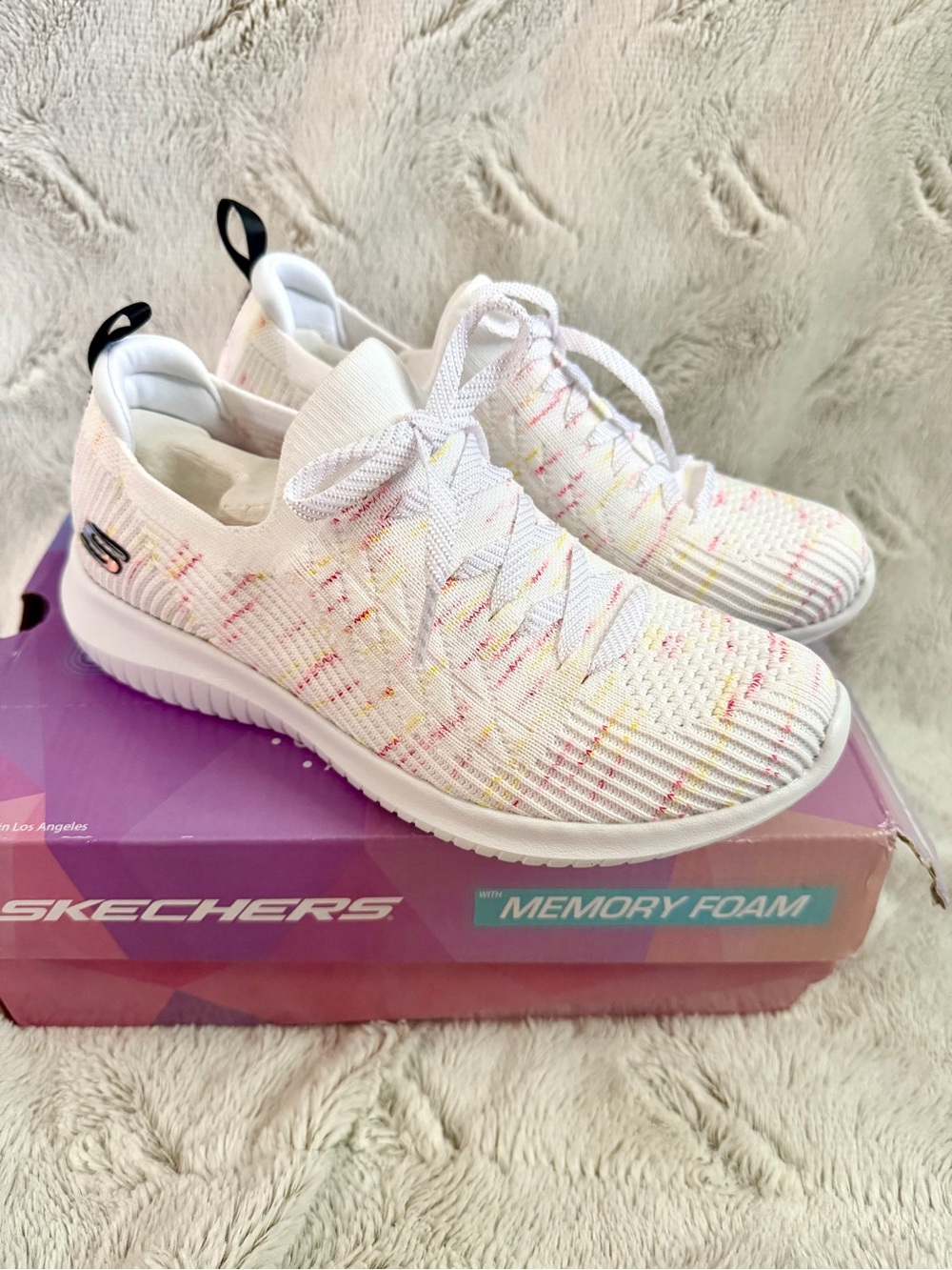 Skechers White Knit Slip-On Sneakers with Pink & Yellow Speckle